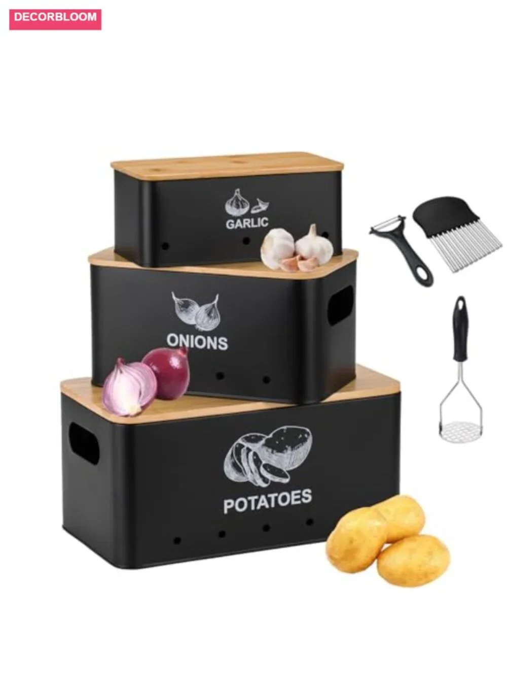 Metal Onion Garlic Potato Storage Set with Bamboo Lids, 3 Canisters with